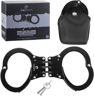 Handcuffs with Two Keys & Handcuffs Case| Heavy Hinged Duty Black Steal Professional Grade | Bend/Break Free Secure Handcuffs