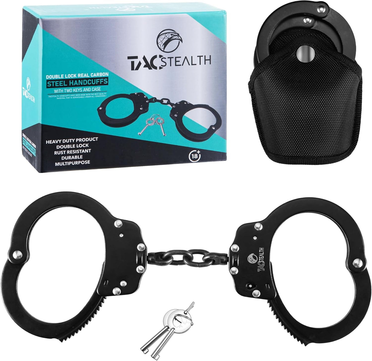 Heavy Duty Black Steel Professional Grade Handcuffs with Two Keys & Case