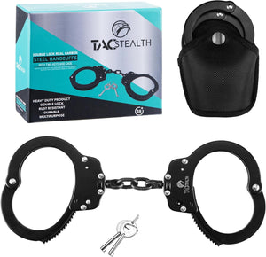 Heavy Duty Black Steel Professional Grade Handcuffs with Two Keys & Case