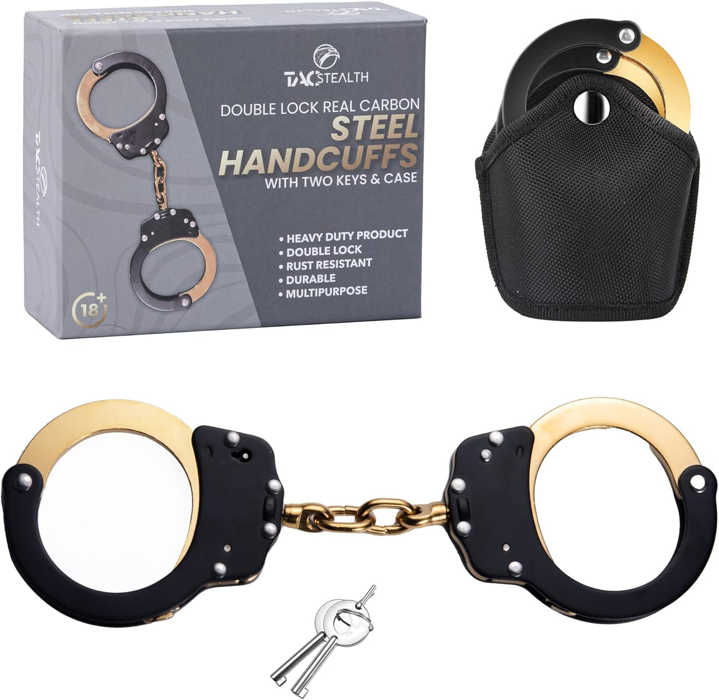 Heavy Duty Black & Gold Steal Professional Grade Handcuffs with Two Keys & Case