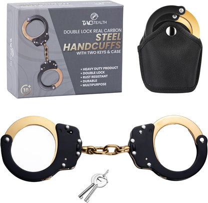 Heavy Duty Black & Gold Steal Professional Grade Handcuffs with Two Keys & Case