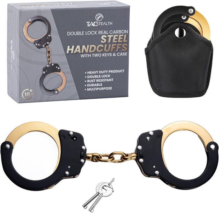 Heavy Duty Black & Gold Steal Professional Grade Handcuffs with Two Keys & Case