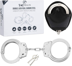Handcuffs with Two Keys & Handcuffs Case| Heavy Duty Silver Steal Professional Grade | Bend/Break Free Secure Handcuffs