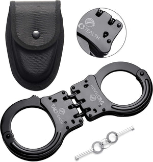 Double Lock Hinged Handcuffs with Two Keys & Case | Heavy Duty Black Steel Professional Grade | Bend/Break Free Secure