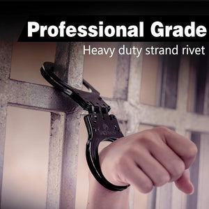 Double Lock Hinged Handcuffs with Two Keys & Case | Heavy Duty Black Steel Professional Grade | Bend/Break Free Secure