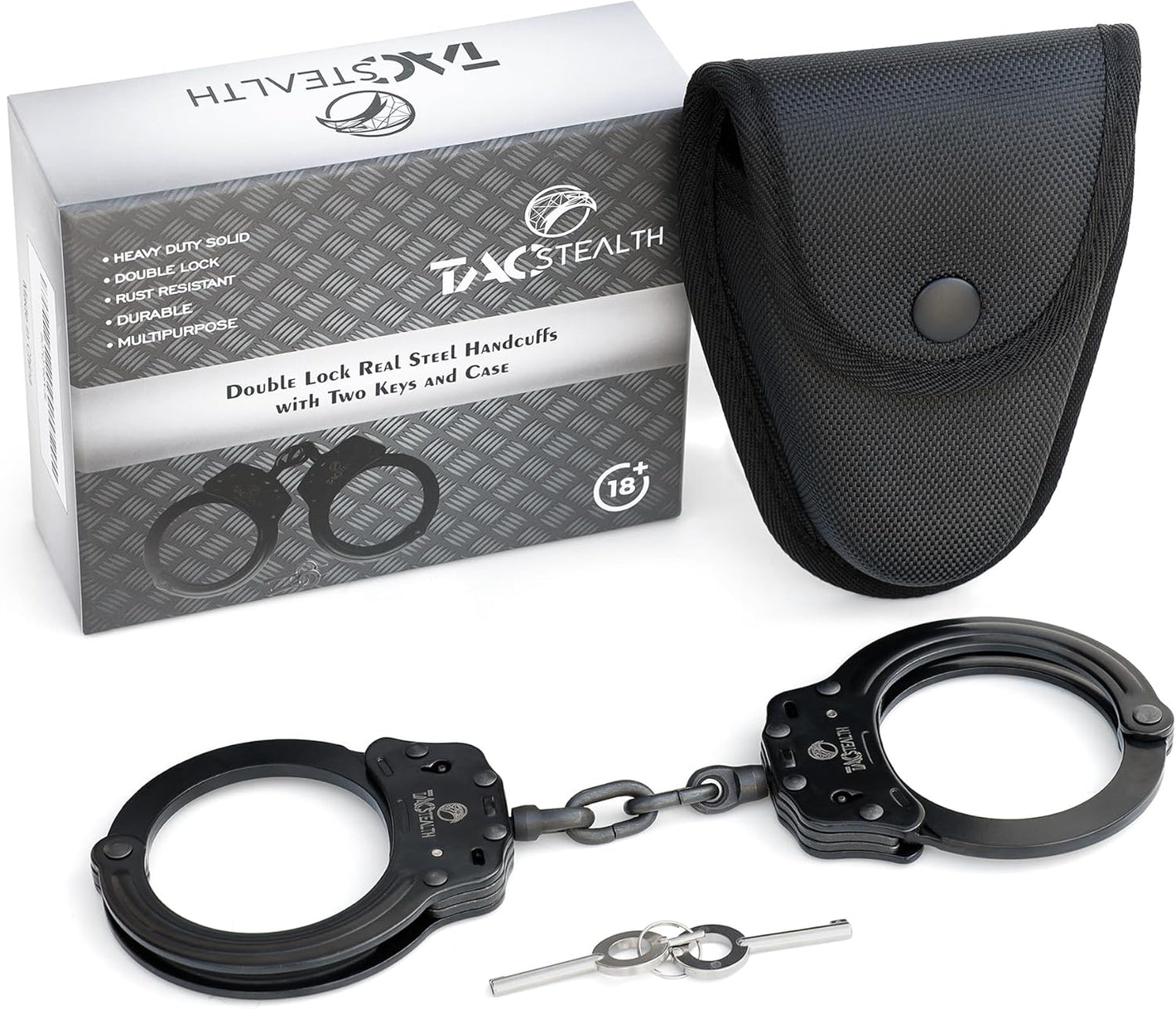 Heavy Duty Steel Handcuffs – Professional Grade Black Restraints with Double Lock, Rust-Resistant Finish, Two Keys & Carry Case – Durable Security & Tactical Use