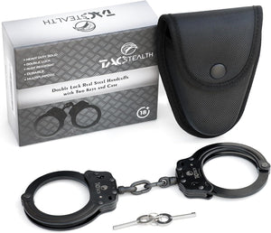 Heavy Duty Steel Handcuffs – Professional Grade Black Restraints with Double Lock, Rust-Resistant Finish, Two Keys & Carry Case – Durable Security & Tactical Use