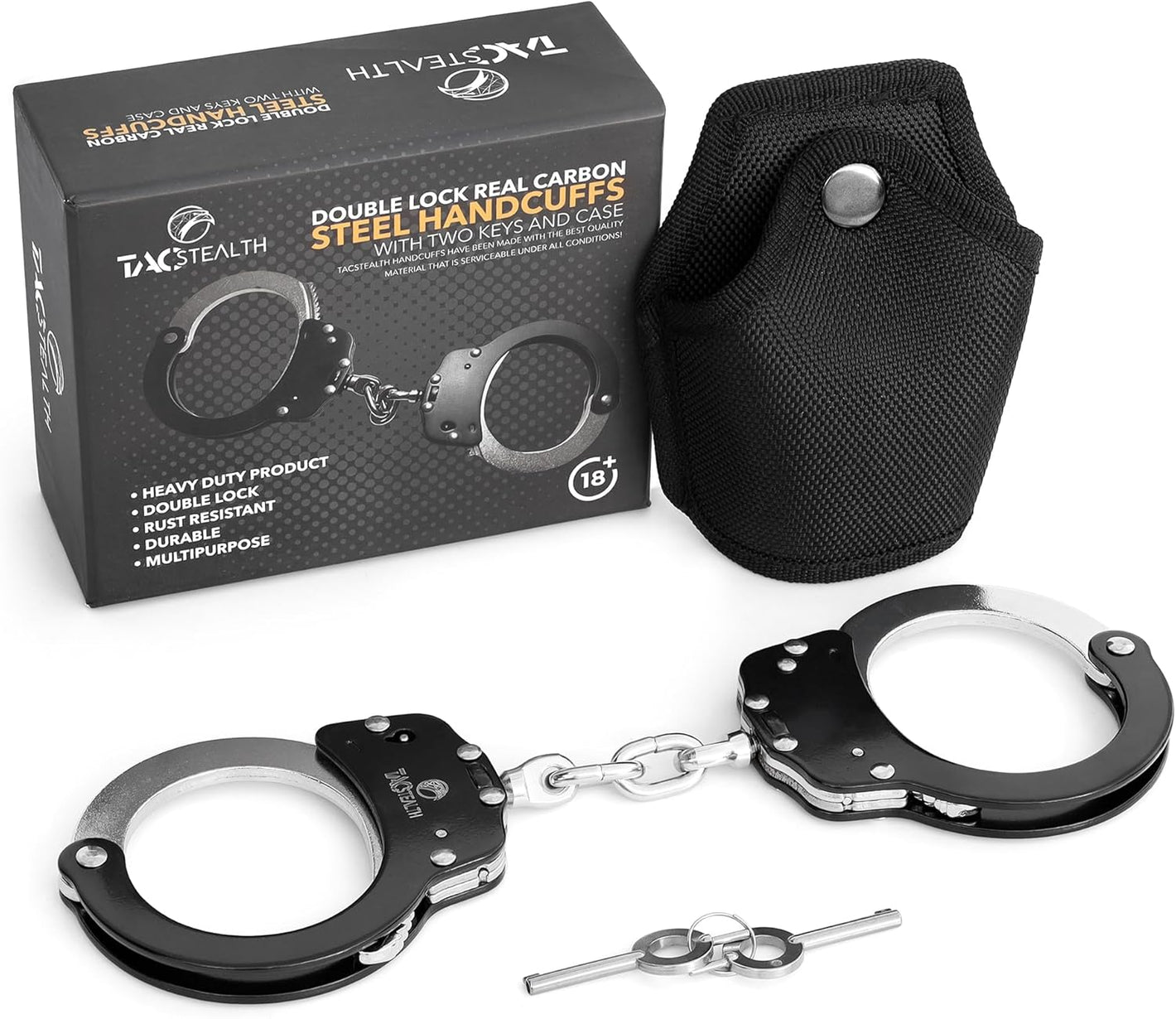 Handcuffs with Two Keys & Case| Heavy Duty Black and Silver Steal Professional Grade | Bend/Break Free Secure Handcuffs