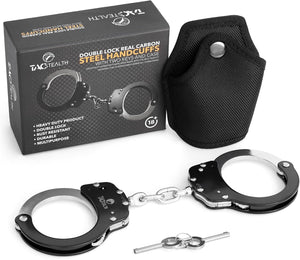 Handcuffs with Two Keys & Case| Heavy Duty Black and Silver Steal Professional Grade | Bend/Break Free Secure Handcuffs