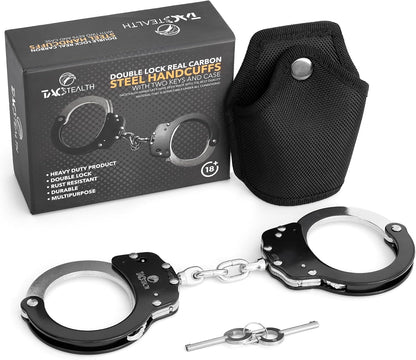 Handcuffs with Two Keys & Case| Heavy Duty Black and Silver Steal Professional Grade | Bend/Break Free Secure Handcuffs
