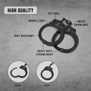 Heavy Duty Steel Handcuffs – Professional Grade Black Restraints with Double Lock, Rust-Resistant Finish, Two Keys & Carry Case – Durable Security & Tactical Use